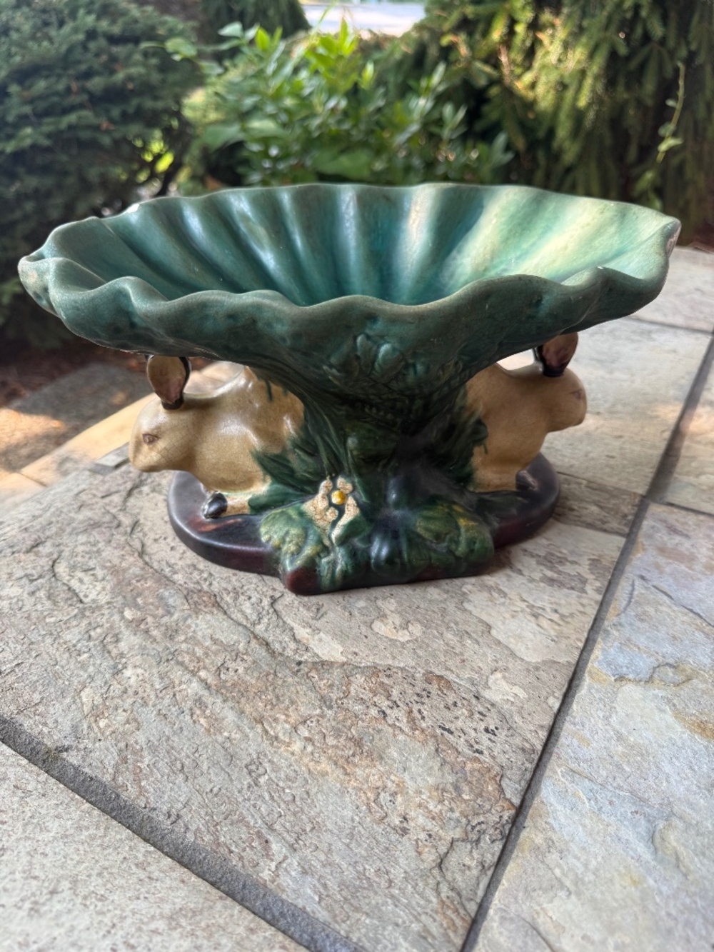 VTG Majolica Style Double Rabbit Bunny Ceramic Pedestal Centerpiece Compote Bowl